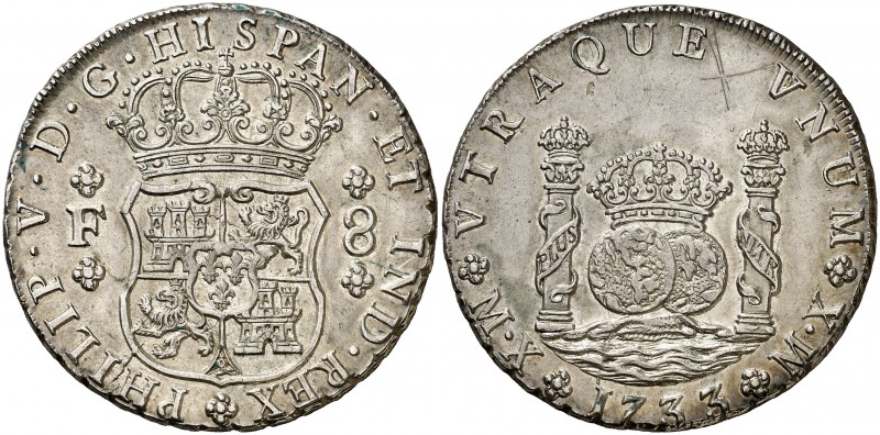 1733. Felipe V. México. F. 8 reales. (Cal. 772). 26,89 g. Columnario. Marca de c...