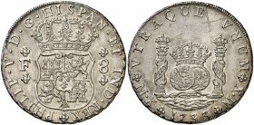 1733. Felipe V. México. F. 8 reales. (Cal. 772). 26,89 g. Columnario. Marca de ceca: MX. Dos rayas en forma de aspa en reverso. Bella. Muy rara. EBC+....