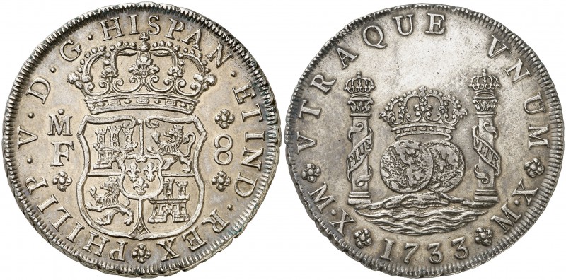 1733. Felipe V. México. MF. 8 reales. (Cal. 773). 26,92 g. Columnario. Marca de ...