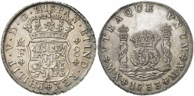 1733. Felipe V. México. MF. 8 reales. (Cal. 773). 26,92 g. Columnario. Marca de ceca: MX. Muy bella. Rarísima y más así. S/C-.