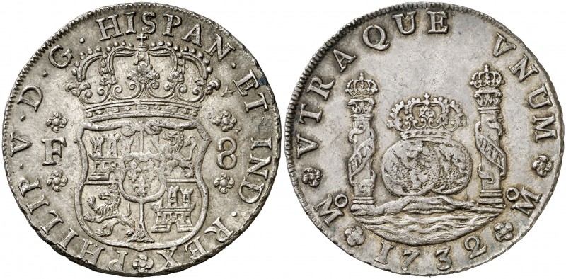 1732. Felipe V. México. F. 8 reales. (Cal. 774). 26,94 g. Columnario. Marca de c...