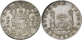 1732. Felipe V. México. F. 8 reales. (Cal. 774). 26,94 g. Columnario. Marca de ceca: . Preciosa pátina irisada. Bellísima. Rarísima y más así. EBC+....