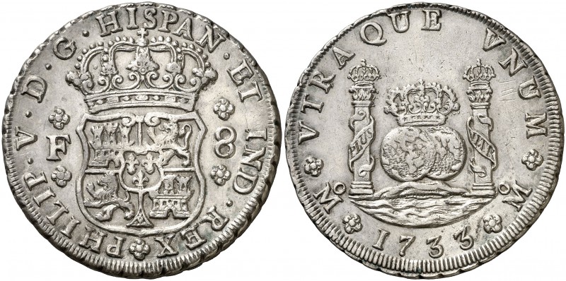1733. Felipe V. México. F. 8 reales. (Cal. 775). 26,92 g. Columnario. Limpiada. ...