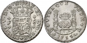 1733. Felipe V. México. F. 8 reales. (Cal. 775). 26,92 g. Columnario. Limpiada. Rayitas. Rara. EBC-.