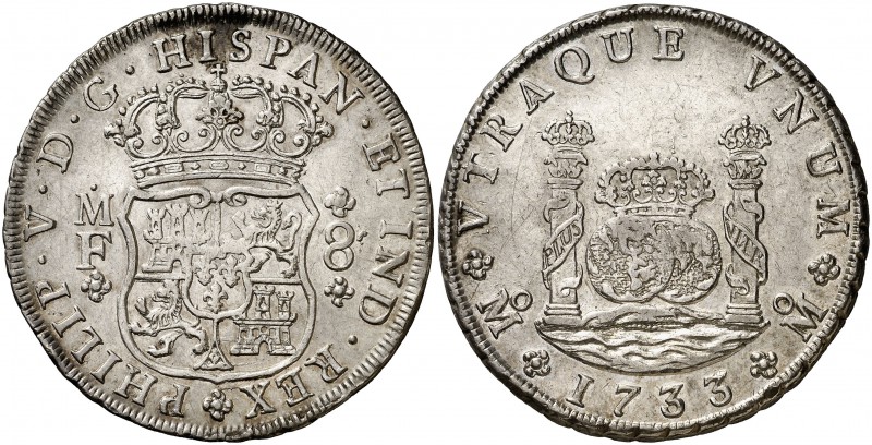 1733. Felipe V. México. MF. 8 reales. (Cal. 776). 26,95 g. Columnario. Corona no...