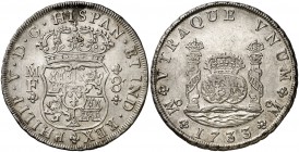 1733. Felipe V. México. MF. 8 reales. (Cal. 776). 26,95 g. Columnario. Corona normal. Bella. Rara. EBC.