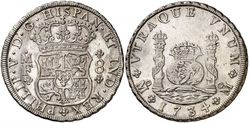 1734. Felipe V. México. MF. 8 reales. (Cal. 778). 26,89 g. Columnario. Limpiada....