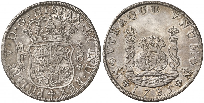 1735. Felipe V. México. MF. 8 reales. (Cal. 779). 26,90 g. Columnario. Bella. Es...