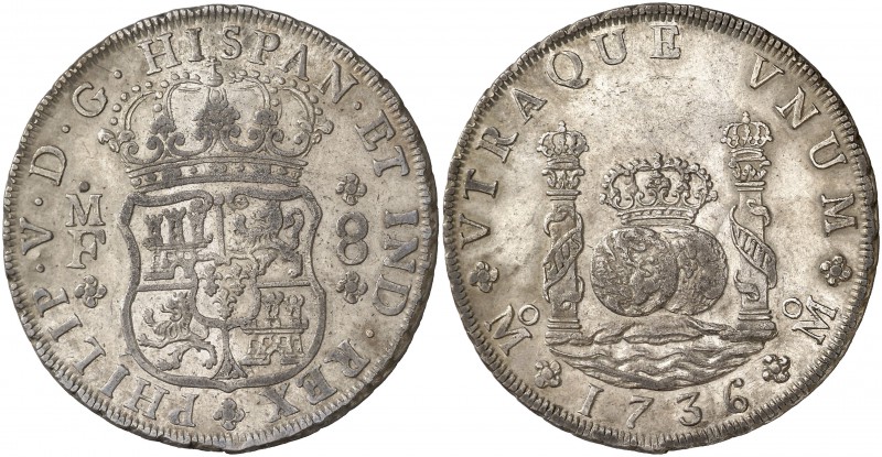 1736. Felipe V. México. MF. 8 reales. (Cal. 780). 27 g. Columnario. Flan grande....