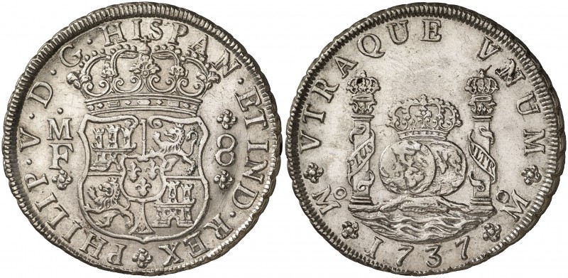 1737. Felipe V. México. MF. 8 reales. (Cal. 781). 26,93 g. Columnario. Limpiada....