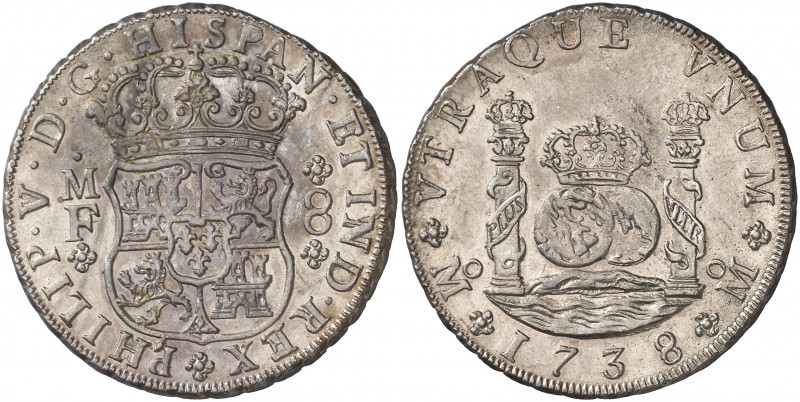1738. Felipe V. México. MF. 8 reales. (Cal. 783). 26,89 g. Columnario. Bella. EB...