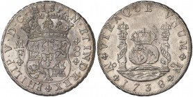 1738. Felipe V. México. MF. 8 reales. (Cal. 783). 26,89 g. Columnario. Bella. EBC.