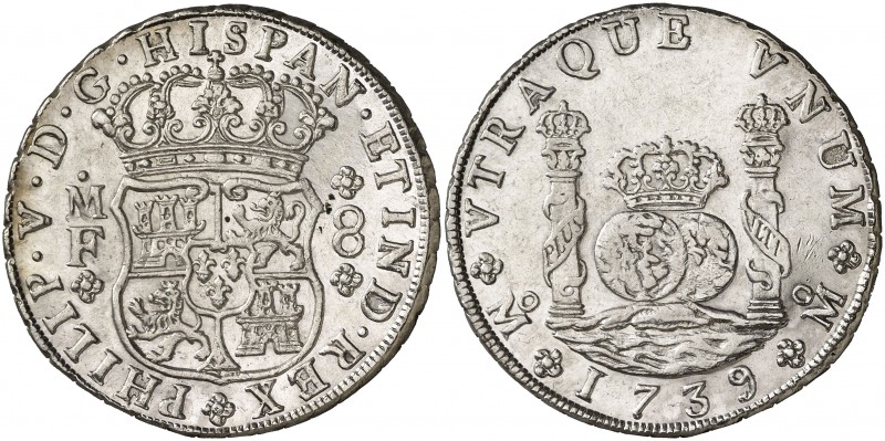 1739. Felipe V. México. MF. 8 reales. (Cal. 787). 26,58 g. Columnario. Limpiada....