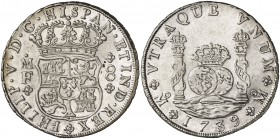 1739. Felipe V. México. MF. 8 reales. (Cal. 787). 26,58 g. Columnario. Limpiada. Bella. (EBC+).