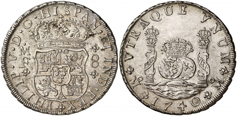 1740. Felipe V. México. MF. 8 reales. (Cal. 790). 26,92 g. Columnario. Bella pát...