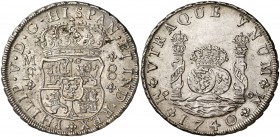 1740. Felipe V. México. MF. 8 reales. (Cal. 790). 26,92 g. Columnario. Bella pátina. EBC.
