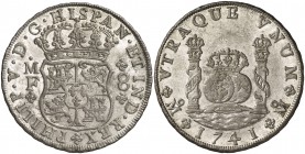 1741. Felipe V. México. MF. 8 reales. (Cal. 791). 27,01 g. Columnario. Bellísima. Brillo original. Muy rara así. S/C-.