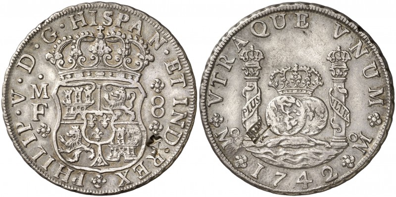 1742/1. Felipe V. México. MF. 8 reales. (Cal. 792). 26,98 g. Columnario. Dos res...