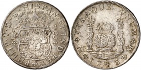 1743/2. Felipe V. México. MF. 8 reales. (Cal. 794). 26,94 g. Columnario. Bella. EBC.