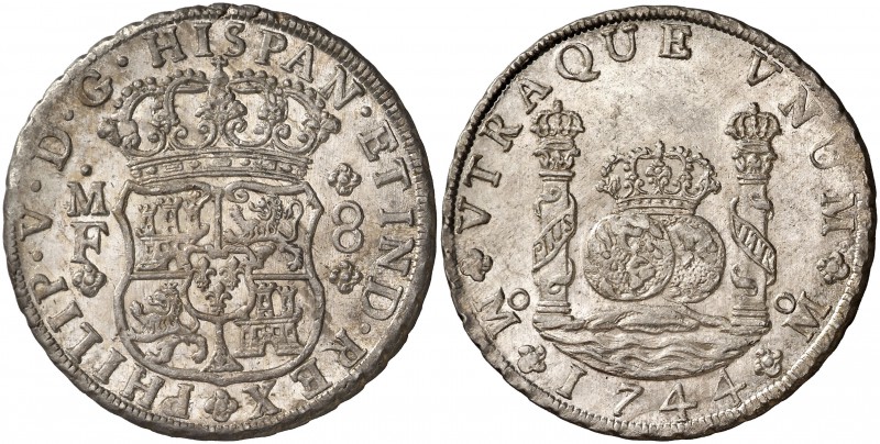 1744. Felipe V. México. MF. 8 reales. (Cal. 797). 27,02 g. Columnario. Bella. Br...