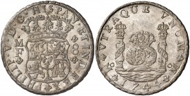1744. Felipe V. México. MF. 8 reales. (Cal. 797). 27,02 g. Columnario. Bella. Brillo original. Rara así. EBC+/S/C-.