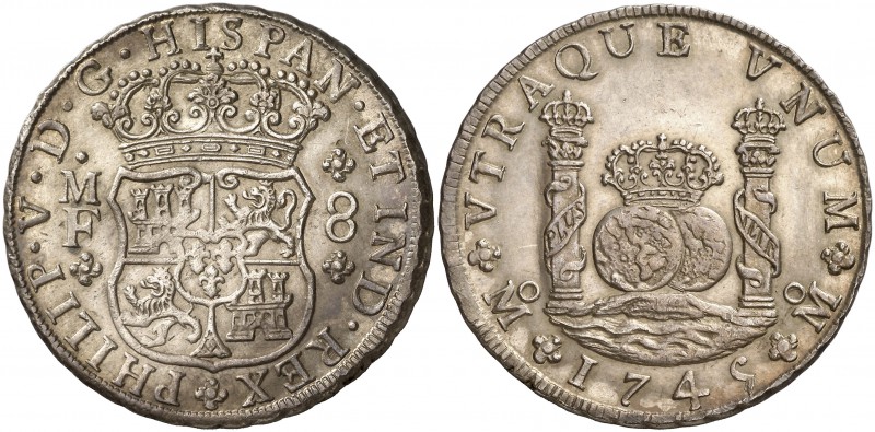 1745. Felipe V. México. MF. 8 reales. (Cal. 798). 27,03 g. Columnario. Bella. EB...