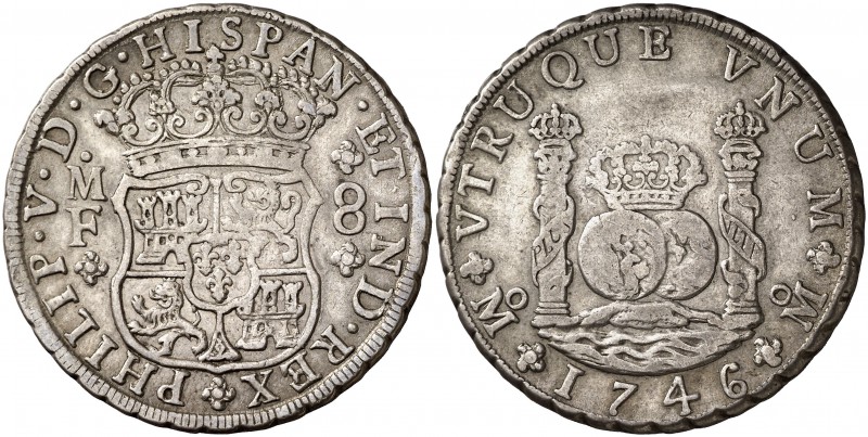 1746. Felipe V. México. MF. 8 reales. (Cal. 799). 26,85 g. Columnario. Error en ...