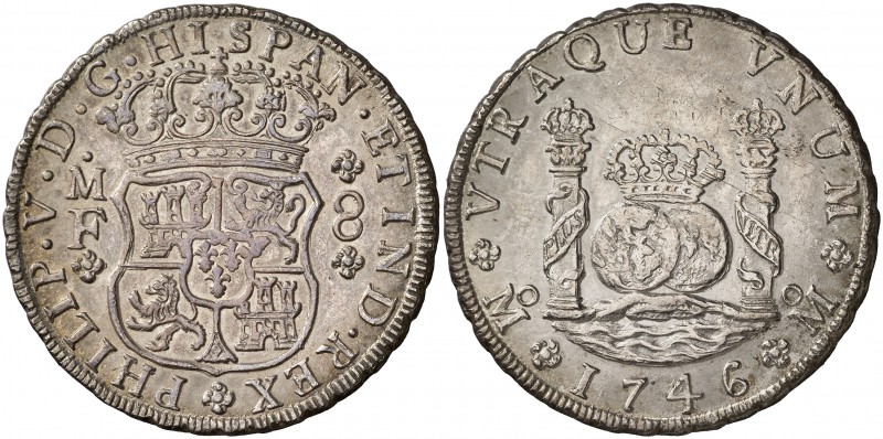 1746. Felipe V. México. MF. 8 reales. (Cal. 800). 27,05 g. Columnario. Limpiada....