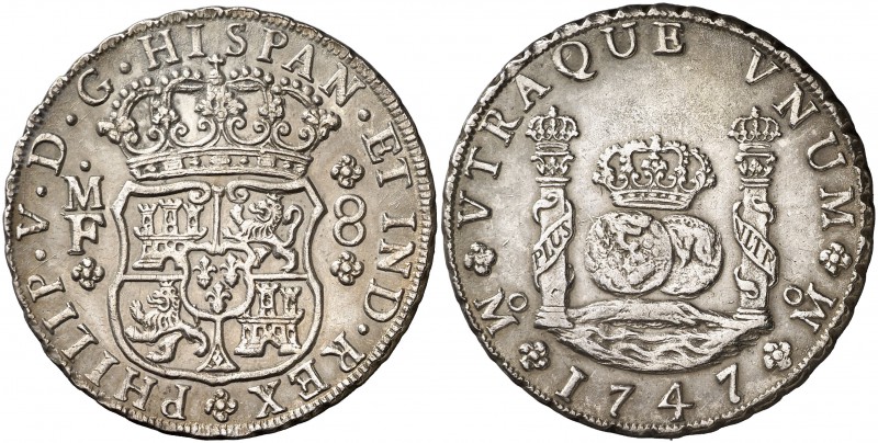 1747. Felipe V. México. MF. 8 reales. (Cal. 801). 26,95 g. Columnario. Bella. Es...
