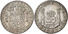 1747. Felipe V. México. MF. 8 reales. (Cal. 801). 26,95 g. Columnario. Bella. Escasa. EBC.