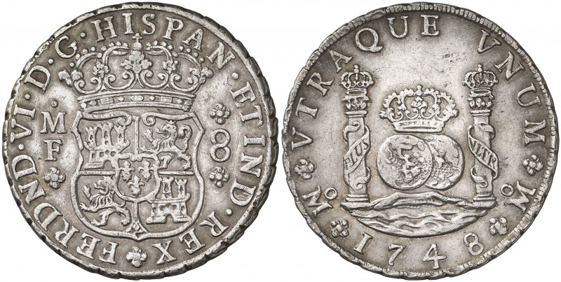 1748. Fernando VI. México. MF. 8 reales. (Cal. 323). 26,66 g. Columnario. MBC+.
