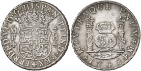 1748. Fernando VI. México. MF. 8 reales. (Cal. 323). 26,66 g. Columnario. MBC+.