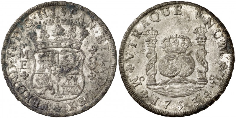 1753. Fernando VI. México. MF. 8 reales. (Cal. 331). 26,81 g. Columnario. Muy be...