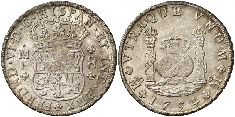 1754. Fernando VI. México. MF. 8 reales. (Cal. 333). 27,06 g. Columnario. Dos co...