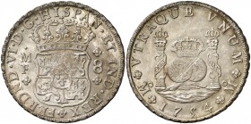 1754. Fernando VI. México. MF. 8 reales. (Cal. 333). 27,06 g. Columnario. Dos coronas reales. Rayitas de acuñación. Bella. Rara así. EBC+.
