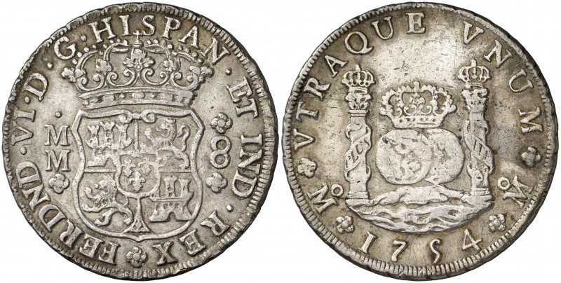 1754. Fernando VI. México. MM. 8 reales. (Cal. 334). 26,91 g. Columnario. Dos co...