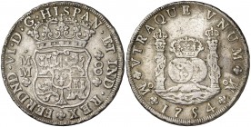 1754. Fernando VI. México. MM. 8 reales. (Cal. 334). 26,91 g. Columnario. Dos coronas reales. Rara. MBC.