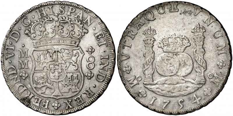 1754. Fernando VI. México. MM/MF. 8 reales. (Cal. 334 var). 26,96 g. Columnario....