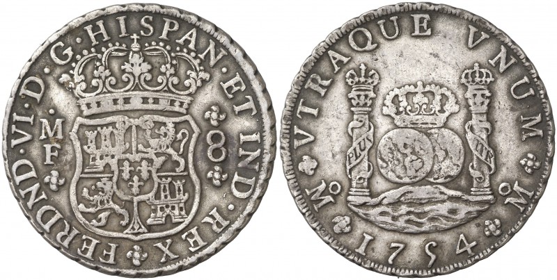 1754. Fernando VI. México. MF. 8 reales. (Cal. 335). 26,92 g. Columnario. Corona...