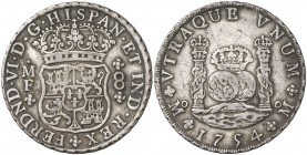 1754. Fernando VI. México. MF. 8 reales. (Cal. 335). 26,92 g. Columnario. Corona imperial y real. Rara. MBC+/MBC.