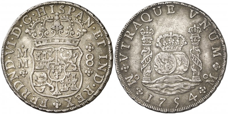 1754. Fernando VI. México. MM. 8 reales. (Cal. 337). 27 g. Columnario. Corona im...