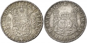 1754. Fernando VI. México. MM. 8 reales. (Cal. 337). 27 g. Columnario. Corona imperial y real. EBC-/MBC+.
