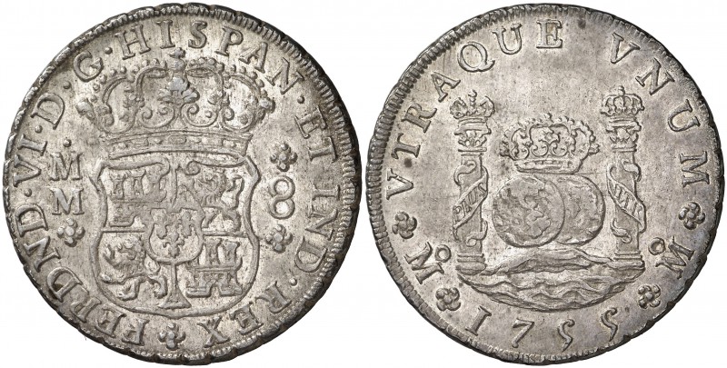 1755/4. Fernando VI. México. MM. 8 reales. (Cal. 338 var). 27,02 g. Columnario. ...