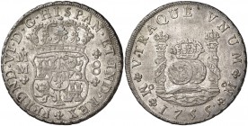 1755/4. Fernando VI. México. MM. 8 reales. (Cal. 338 var). 27,02 g. Columnario. Rectificación de fecha poco visible. Bella. Parte de brillo original. ...
