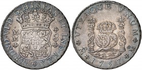 1757. Fernando VI. México. MM. 8 reales. (Cal. 342). 26,92 g. Columnario. Bella. Brillo original. Preciosa pátina. Rara así. EBC+.