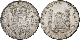 1760. Fernando VI. México. MM. 8 reales. (Cal. 346). 26,90 g. Columnario. Bella. Brillo original. Rara así. EBC+.
