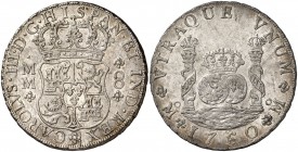 1760. Carlos III. México. MM. 8 reales. (Cal. 884). 27,10 g. Columnario. Bella. Brillo original. Rara así. EBC+.