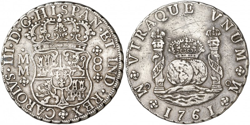 1761/0. Carlos III. México. MM. 8 reales. (Cal. 887). 27,23 g. Columnario. Rayit...