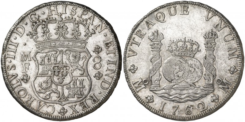 1762. Carlos III. México. MF. 8 reales. (Cal. 892). 27,13 g. Columnario. Dos peq...