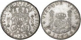 1762. Carlos III. México. MF. 8 reales. (Cal. 892). 27,13 g. Columnario. Dos pequeños resellos orientales. Bella. Rara y más así. EBC.